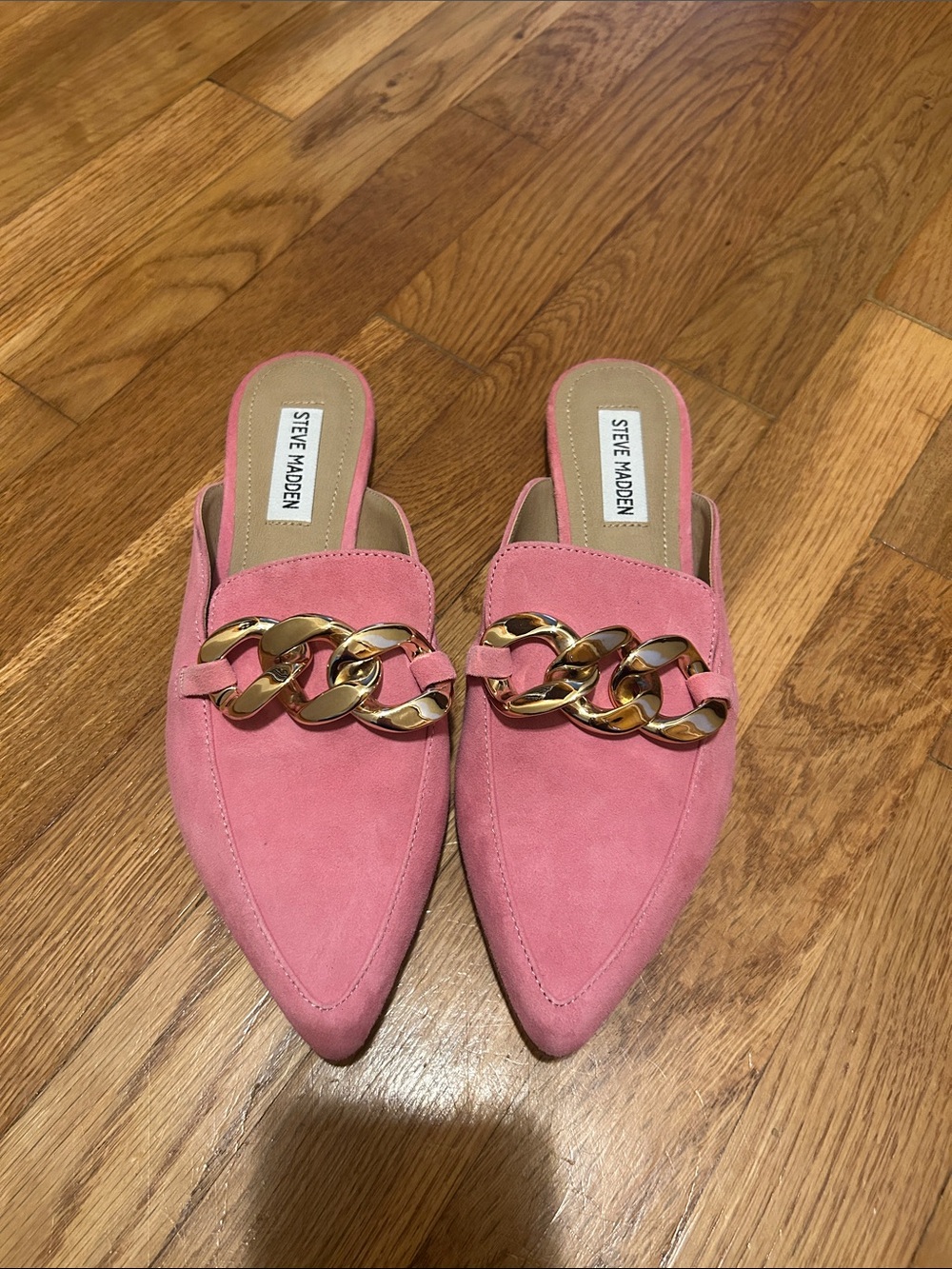 Pink suede-look slip-on mules